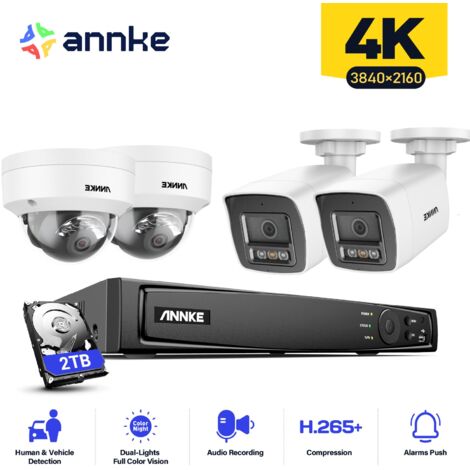 ANNKE 4PCS 12MP Sistema di telecamere di sorveglianza interni esterni, rilevamento di persone/veicoli, accesso remoto visione notturna colori, 2 Bullet + 2 Dome Telecamere2 TB