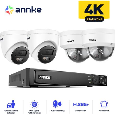 ANNKE 4PCS 12MP Sistema di telecamere di sorveglianza interni esterni, rilevamento di persone/veicoli, accesso remoto visione notturna colori, 2 Torri+ 2 Dome Telecamere 0TB