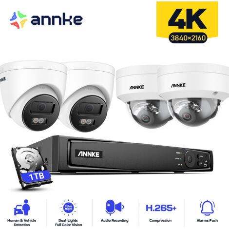 ANNKE 4PCS 12MP Sistema di telecamere di sorveglianza interni esterni, rilevamento di persone/veicoli, accesso remoto visione notturna colori, 2 Torri+ 2 Dome Telecamere 1 TB
