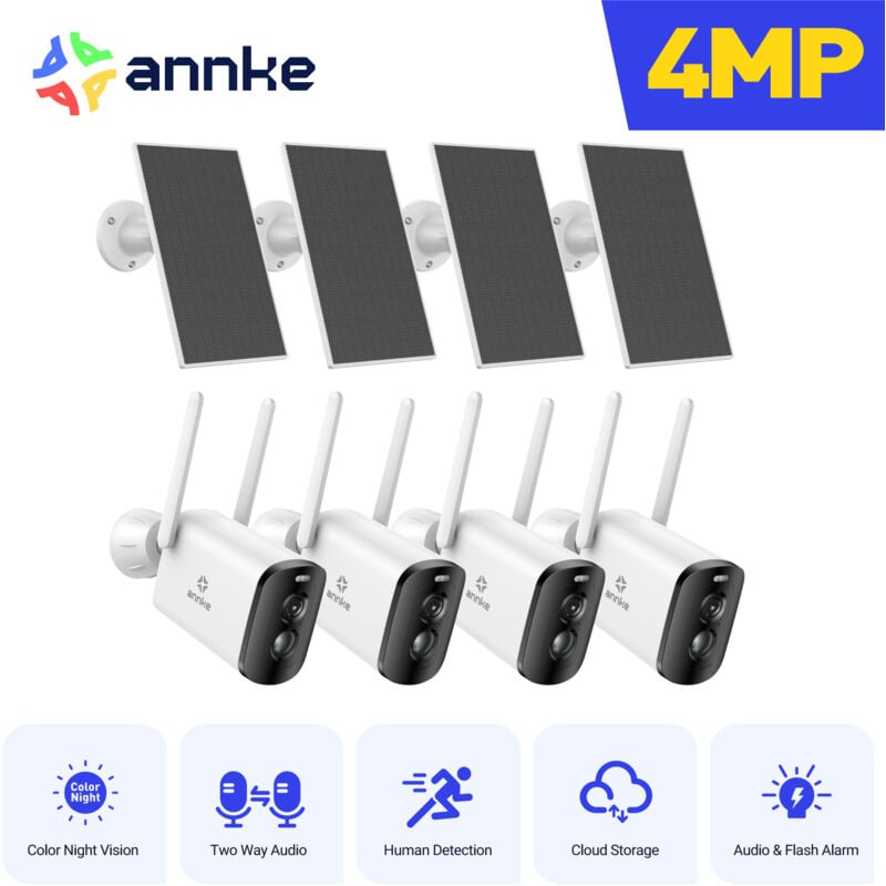 ANNKE 4PCS Caméra de Sécurité Sans Fil Extérieure 4MP Double Lumière WiFi avec Panneau Solaire,Audio Bidirectionnel,Vision Nocturne Couleur,Détection