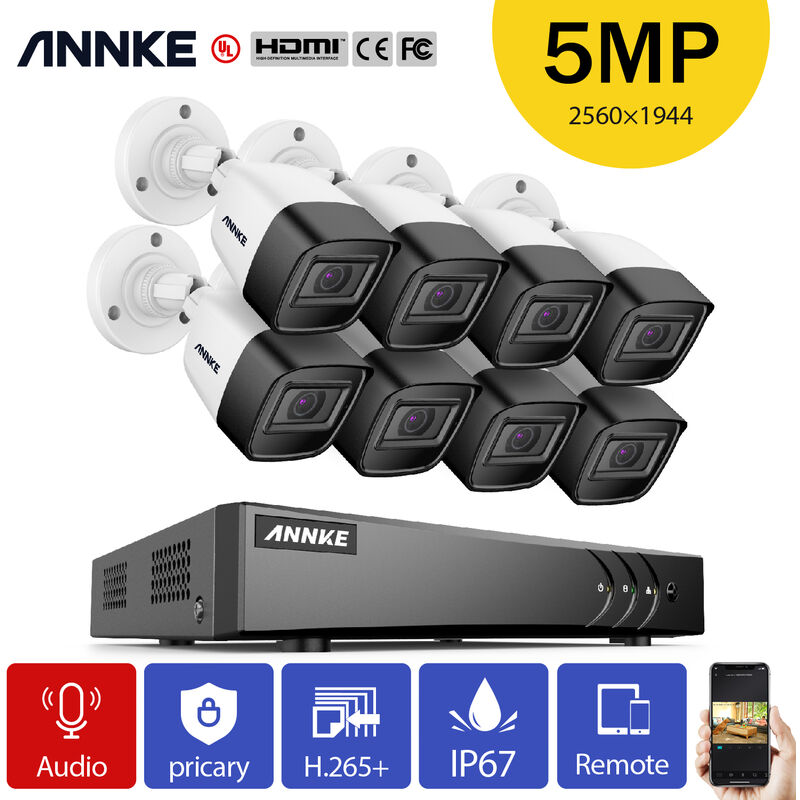 

ANNKE 5MP H.265 System pro de la cámara DVR con conexión de cable de seguridad con cámaras de 5 megapíxeles para el hogar al aire libre Kits