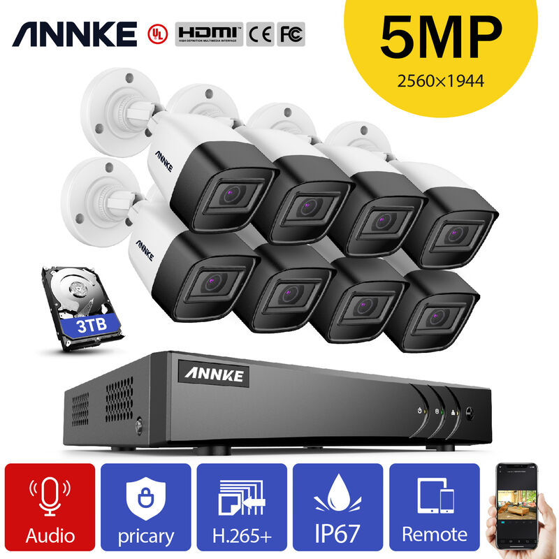 

Annke - 5MP H.265 System pro de la cámara DVR con conexión de cable de seguridad con cámaras de 5 megapíxeles para el hogar al aire libre Kits