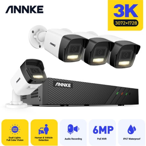 ANNKE Kit Caméra de Surveillance 3K, Détection de Personnes/Véhicules 4X 3K PoE Caméra IP Filaire avec Projecteur Extérieur et 8CH 2TB HDD NVR pour Enregistrement 24/7, Vision Nocturne Couleur, IP67