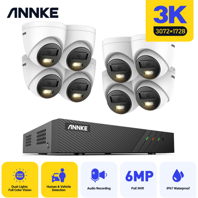 5MP Kit Caméra de Surveillance Intelligente Double lumière Vision Nocturne Kit de Vidéosurveillance poe 8 Caméras - Annke