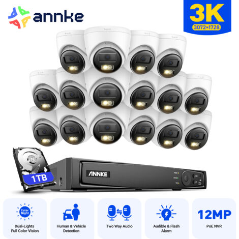 ANNKE 5MP Kit de Vidéosurveillance Exterieure 16CH avec 16×Caméras IP,Audio Bidirectionnel,IR Vision Nocturne,Intelligente Détection Mouvement,Alerte Email APP/PC à Distance 1TB