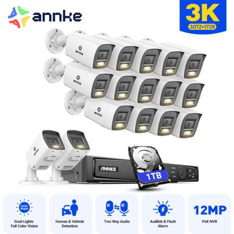ANNKE 5MP Kit de Vidéosurveillance Exterieure 16CH avec 1TB Audio Bidirectionnel,Détection de Personne et Véhicule,IR Vision Nocturne,Alerte Email APP/PC à Distance 16×Caméras