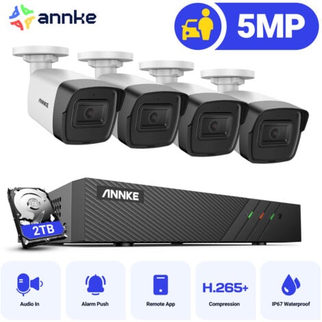 ANNKE 5MP Kit de Videovigilancia PoE,4X 5MP Cámara IP PoE,Visión Nocturna Detección Movimiento,Grabación Audio 2TB