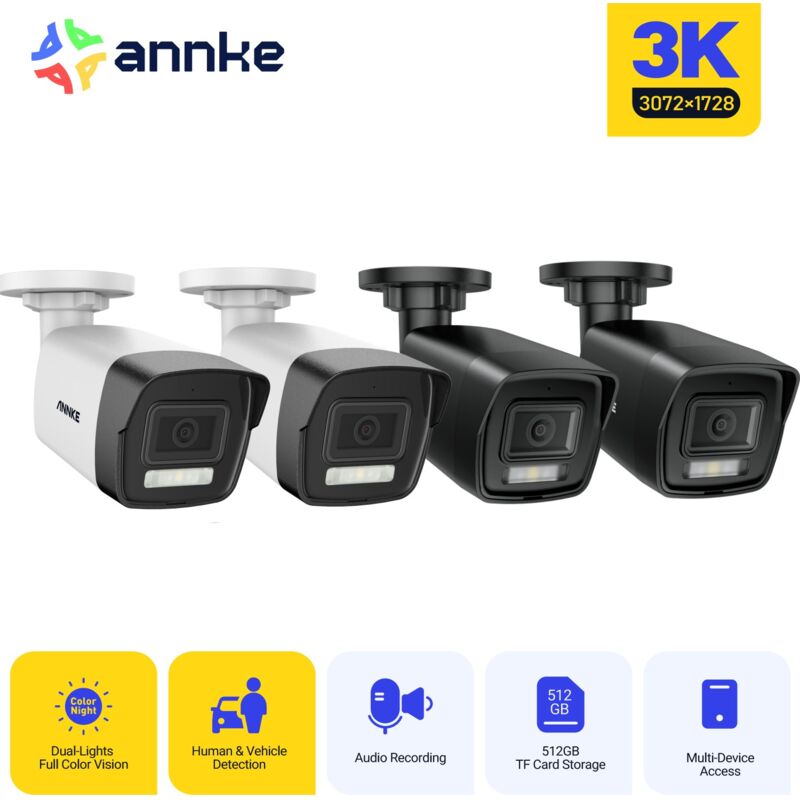 5MP PoE Caméra de Surveillance,Intelligente Double Lumière,Couleur Vision Nocturne Camera Surveillance Interieur Exterieur,4pcs Balle Caméra Sécurité