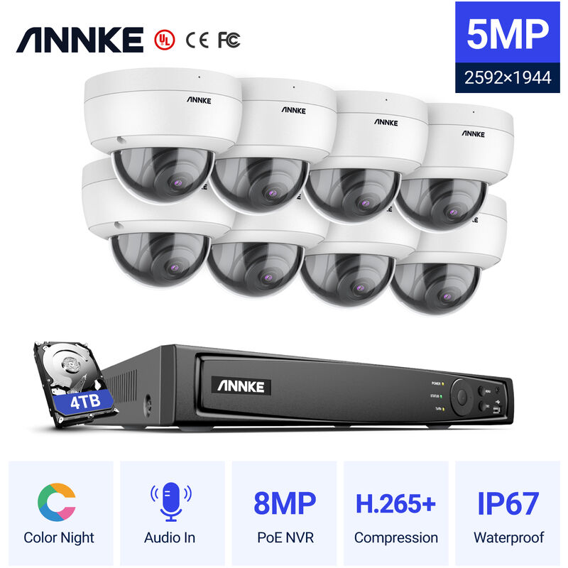 

ANNKE 5MP PoE IP ONVIF Sistema de cámara de seguridad 8CH 4K NVR 100 pies Visión nocturna en color para vigilancia CCTV interior al aire libre 8