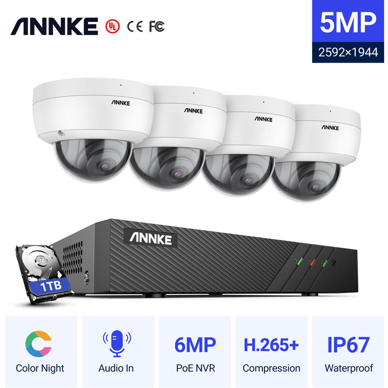 

ANNKE 5MP PoE IP Security Bullet Camera System ONVIF 6MP NVR 100ft Color Night Vision para interior y exterior CCTV Video Vigilancia Kit 4 cámaras