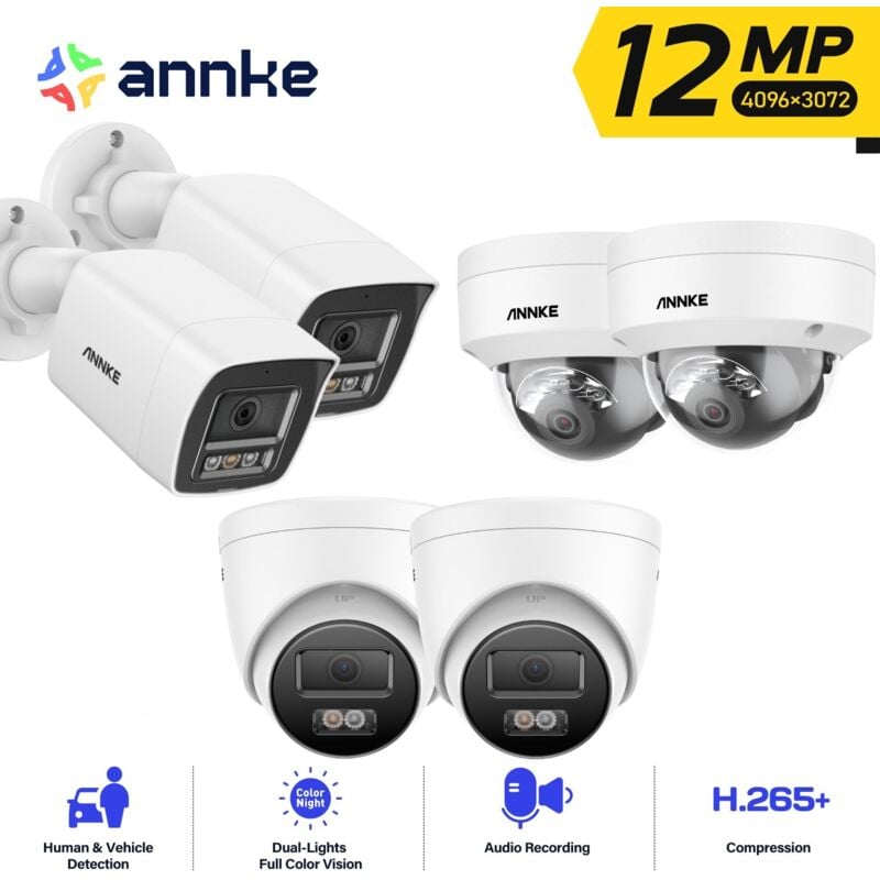 6PCS 12MP Caméra Surveillance Interieur Extérieure,Détection Personne/Véhicule,Couleur Vision Nocturne Accès Distance,2 Dôme+2 Tower +2 Balle Caméra
