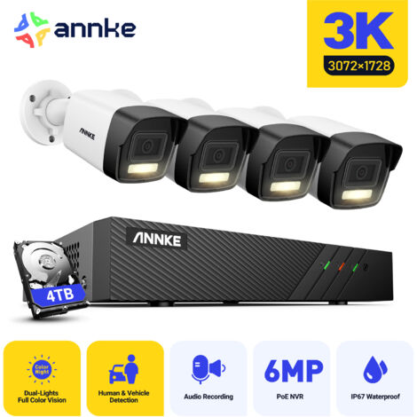 ANNKE 8 Channel 3K 4 Cameras PoE Security System,IP67,30721728 Resolution, Human & Vehicle Detection,Color & IR Night Vision, Built-in Microphone - 4TB HDD