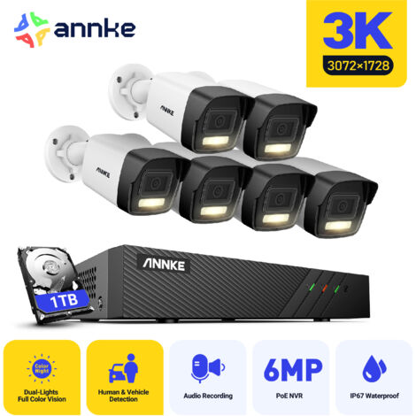 ANNKE 8 Channel 3K 6 Cameras PoE Security System,30721728 Resolution, Human & Vehicle Detection, Built-in Microphone,Color & IR Night Vision,IP67 - 1TB HDD