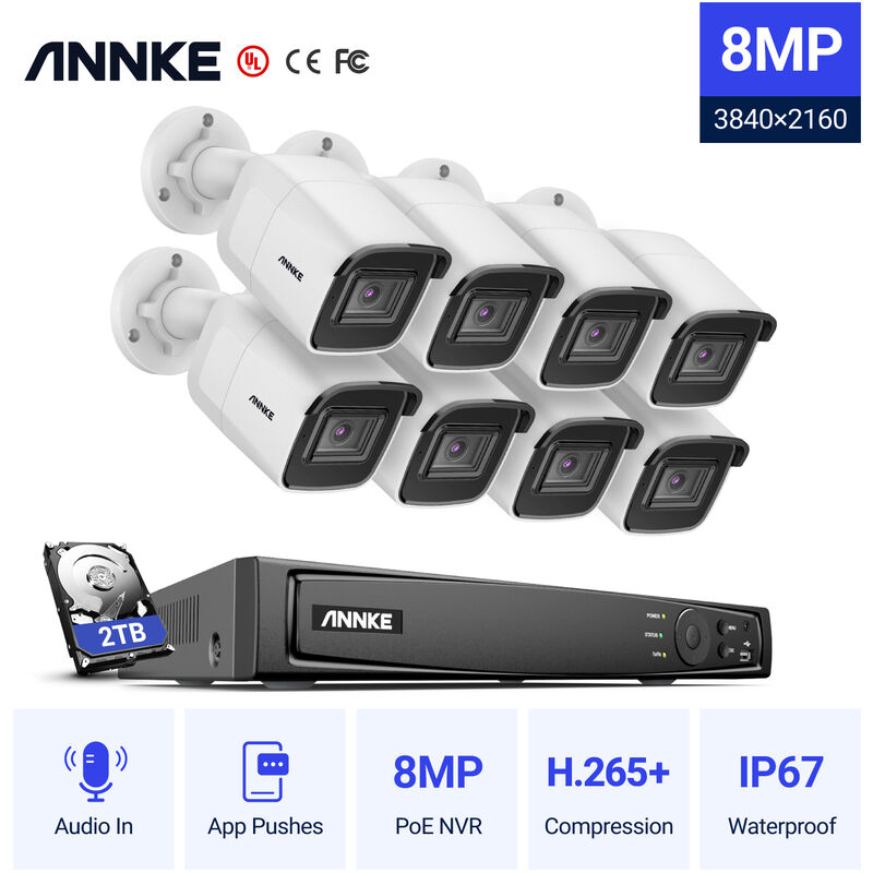 

8CH 4K Ultra HD Sistema de seguridad de video en red PoE 8CH 4K H.265 + NVR de vigilancia con 8 MP 8MP 8 MP HD Cámaras - Disco duro de 2TB - Annke