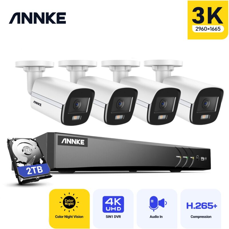 8CH dvr Kit Caméras de Vidéosurveillance Extérieures Filaires 4 Caméras de 5MP,Vision Nocturne Couleur,Microphone Intégré,Accès à Distance 2TB - Annke