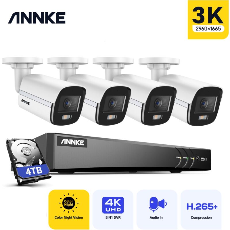 8CH dvr Kit Caméras de Vidéosurveillance Extérieures Filaires 4 Caméras de 5MP,Vision Nocturne Couleur,Microphone Intégré,Accès à Distance 4TB - Annke