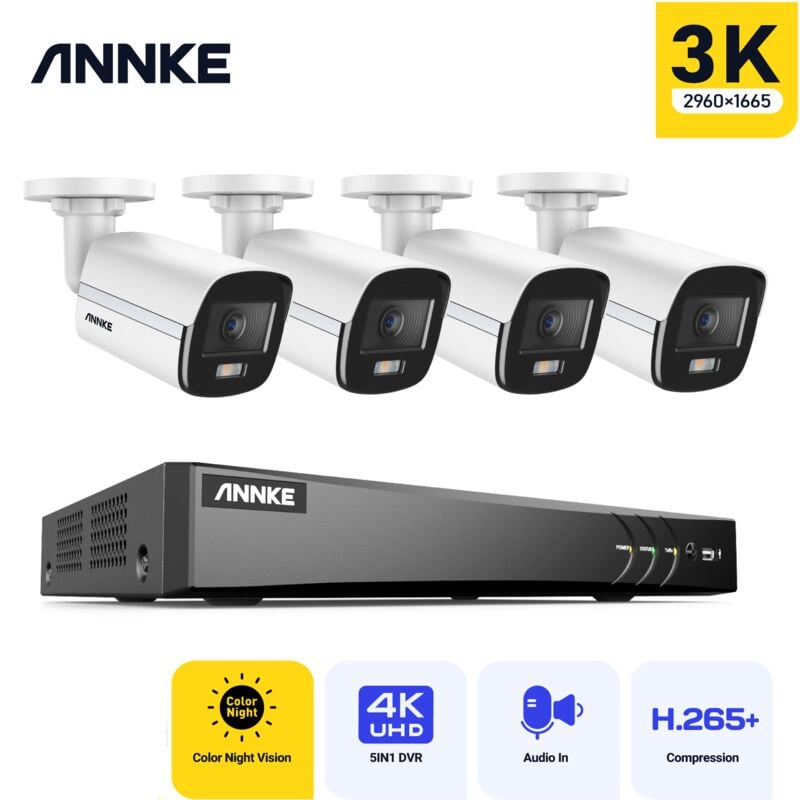 Annke - 8CH dvr Kit Caméras de Vidéosurveillance Extérieures Filaires 4 Caméras de 5MP,Vision Nocturne Couleur,Microphone Intégré,Accès à Distance