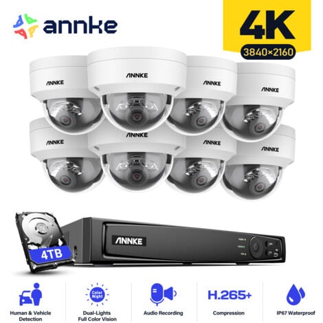 ANNKE 8CH Kit de Vidéosurveillance NVR 4×8MP Caméras Intelligent Double Lumière Accès Distance IP67 Sécurité Caméra Surveillance Système - 4TB HDD