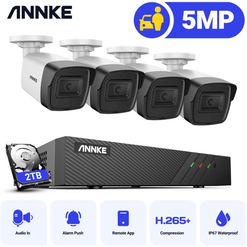 ANNKE 5MP PoE Kit Caméra Surveillance Extérieure Vision Nocturne avec Audio Détection de Movement Système de Sécurité Vidéo 2TB