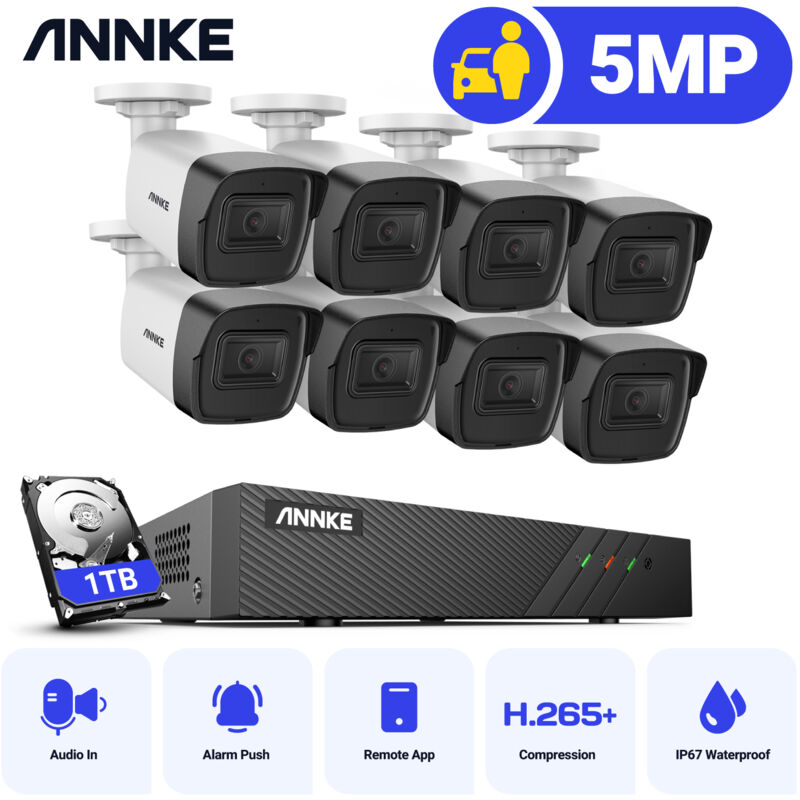 5MP PoE Kit Caméra Surveillance Extérieure Vision Nocturne avec Audio Détection de Movement Système de Sécurité Vidéo 8×Caméra 1TB - Annke
