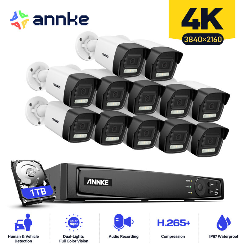 8MP PoE Kit Caméra de Surveillance Extérieure avec 12 Caméras,Détection de Personnes/Véhicules,Accès Distance,1TB - Annke