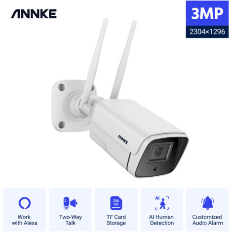 ANNKE Cámara IP inalámbrica Super HD de 3MP con audio bidireccional, admite tarjeta TF de 256 GB, detección humana AI, acceso remoto, cámara de video de vigilancia WiFi para interiores y exteriores