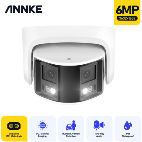 Annke – Caméra de surveillance extérieure 6MP – Vision nocturne couleur jusqu'à 30m – Détection de mouvement AI – Étanchéité IP66 – Double objectif 180°