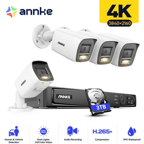 ANNKE H800 4K PoE Kit de Surveillance Extérieur Filaire,4 Caméra de Sécurité Bullet avec Enregistrement Audio,IP67 Etanches,Accès à Distance,Vision Nocturne 3TB