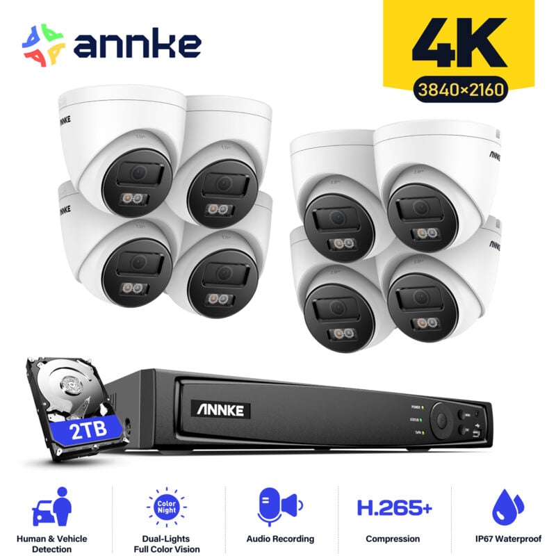 Annke - H800 4K Sistema di telecamere di sicurezza PoE,8PCS telecamere ip PoE supporta la registrazione audio,visione notturna a colori