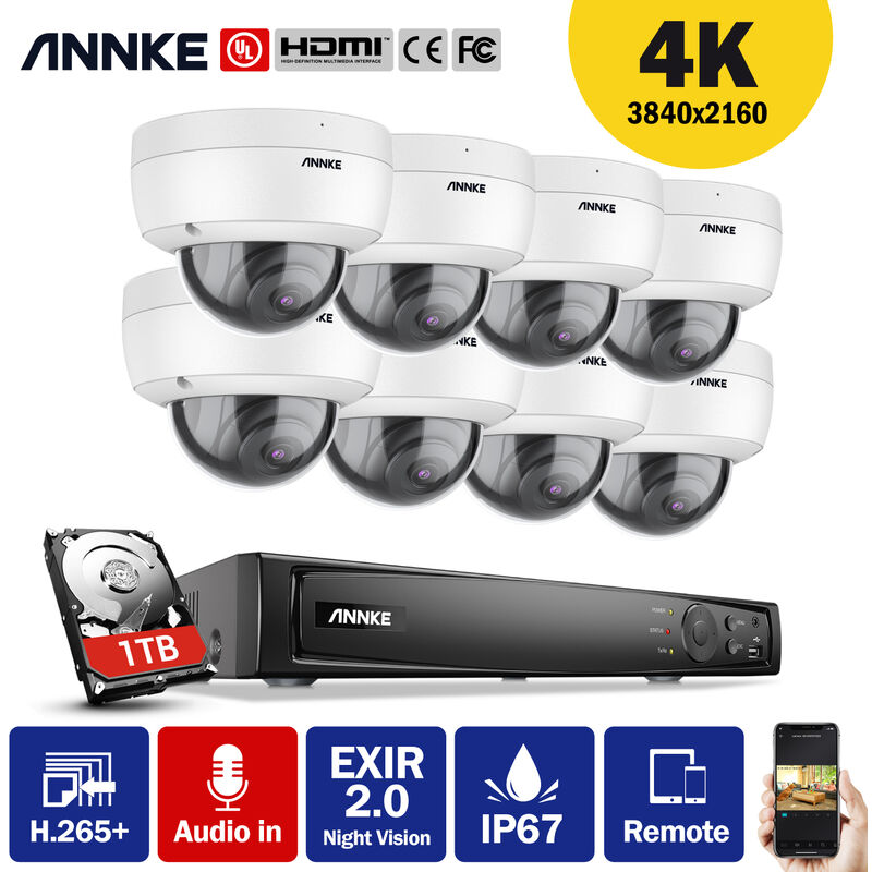 

ANNKE H800 8CH 8MP 4K Ultra HD PoE ONVIF NVR Sistema de cámara de seguridad domo con codificación H.265 + 4K con cable HD para exteriores interiores