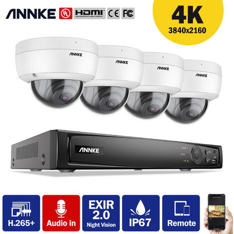 ANNKE H800 8CH 8MP 4K Ultra HD PoE ONVIF NVR Système de caméra de sécurité à dôme avec codage H.265 + Caméras étanches IP67 HD filaires 4K IK10 Enregistrement audio anti-vandalisme avec 8 caméras - avec disque dur de 2 To