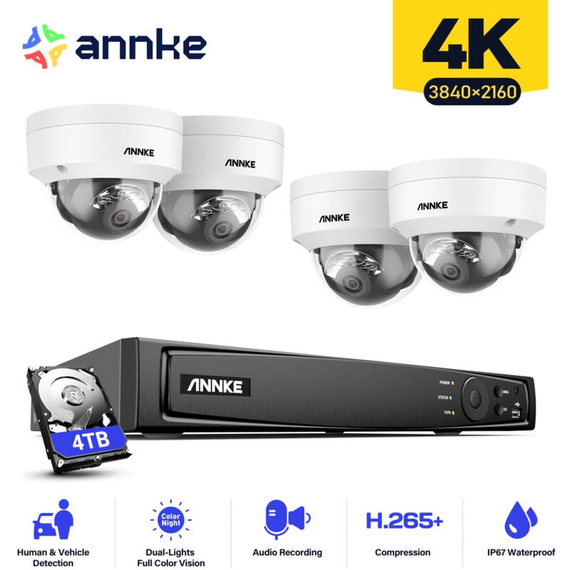 Annke - H800 8MP Ultra hd PoE Telecamera Kit Videosorveglianza 8CH 4K nvr e 4 Telecamere Sistema di Sorveglianza Visione Notturna exir 2.0 Accesso