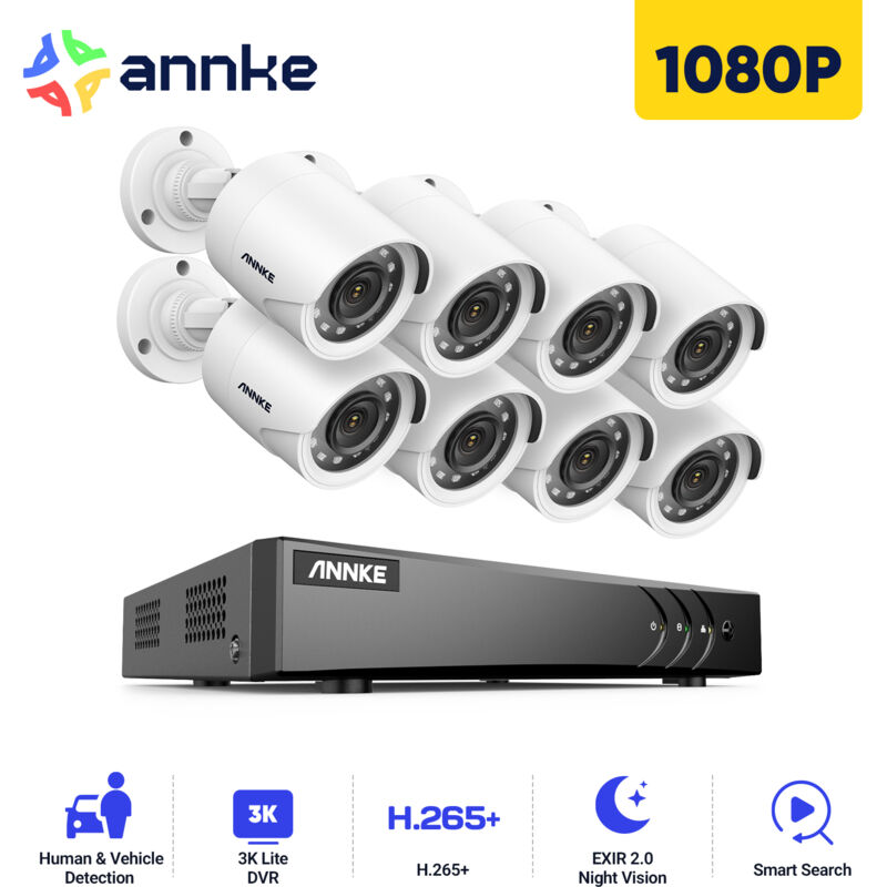

Annke Kit cámara de vigilancia 16CH 5 en 1 DVR 5MP grabadora + 8 cámara bala HD 1080P exterior visión nocturna de 20m – sin disco duro