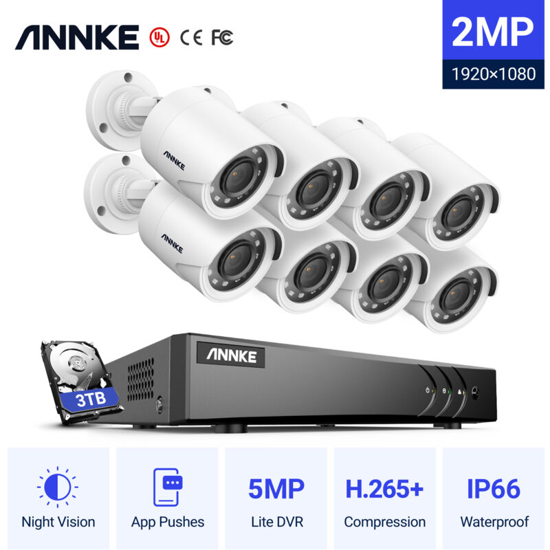 

Annke Kit cámara de vigilancia 16CH 5 en 1 DVR 5MP grabadora + 8 cámara bala HD 1080P exterior visión nocturna de 20m – con disco duro de 3 TB
