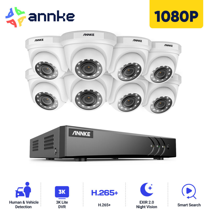 

Annke Kit cámara de vigilancia 16CH 5 en 1 DVR 5MP grabadora + 8 cámara domo HD 1080P exterior visión nocturna de 20m – sin disco duro