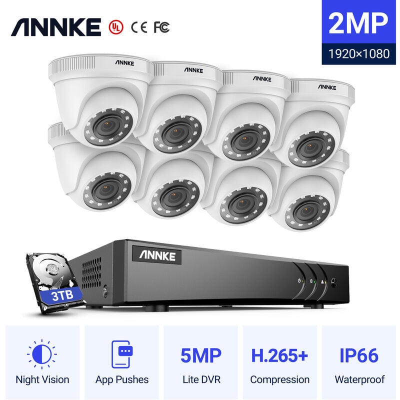 

Annke Kit cámara de vigilancia 16CH 5 en 1 DVR 5MP grabadora + 8 cámara domo HD 1080P exterior visión nocturna de 20m – con disco duro de 3 TB