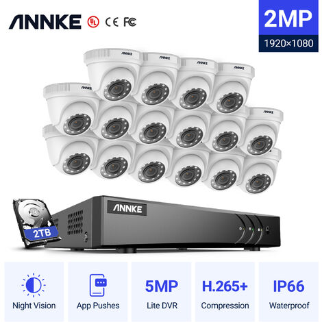 Annke Kit cámara de vigilancia 16CH 5 en 1 DVR 5MP grabadora + 16 cámara domo HD 1080P exterior visión nocturna de 20m – con disco duro de 2 TB