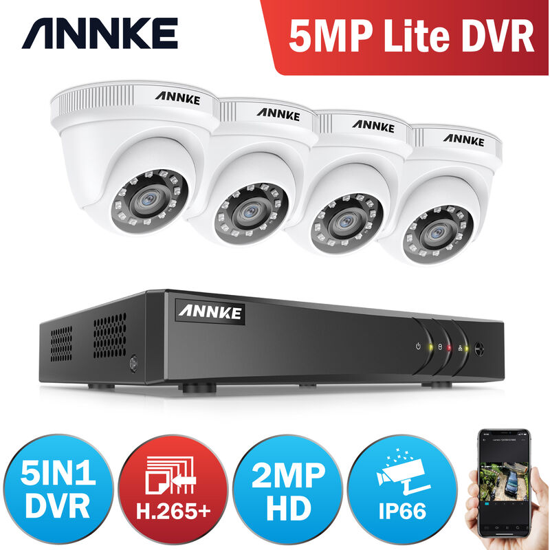 

Annke Kit cámara de vigilancia 4CH 5 en 1 DVR 5MP grabadora + 4 cámara domo HD 1080P exterior visión nocturna de 20m – sin disco duro