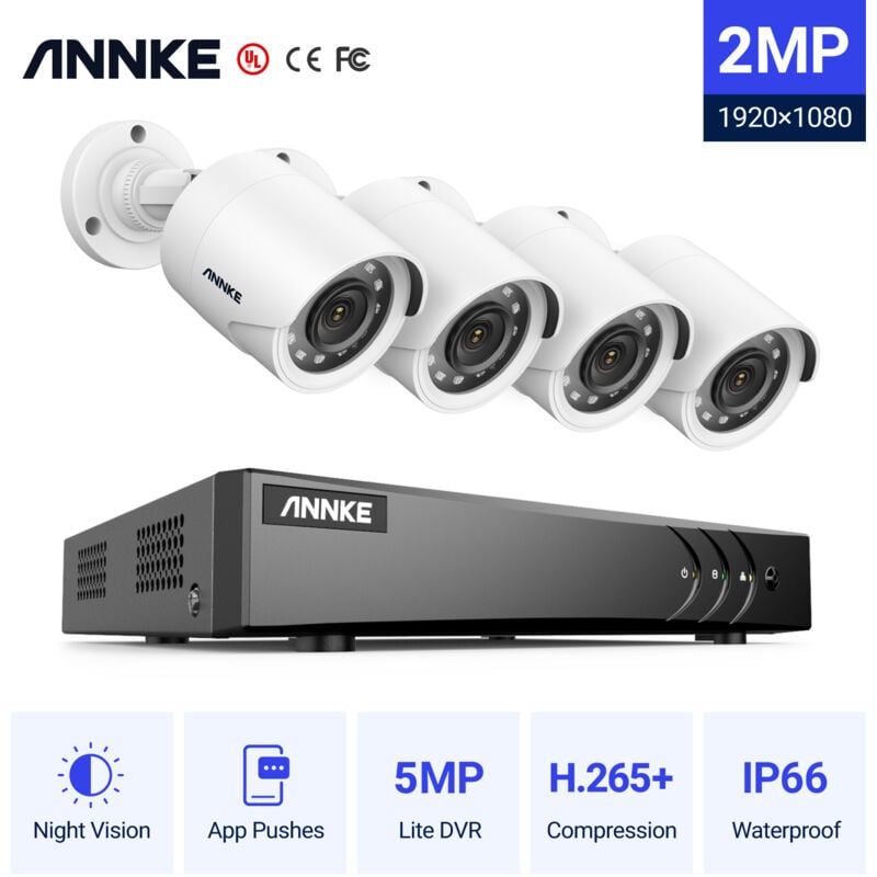 

Annke - Kit cámara de vigilancia 8CH 5 en 1 DVR 5MP grabadora + 4 cámara bala HD 1080P exterior visión nocturna de 20m – sin disco duro