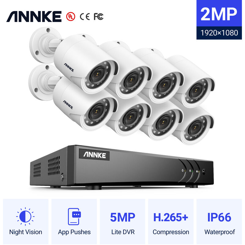 

Annke Kit cámara de vigilancia 8CH 5 en 1 DVR 5MP grabadora + 8 cámara bala HD 1080P exterior visión nocturna de 20m – sin disco duro