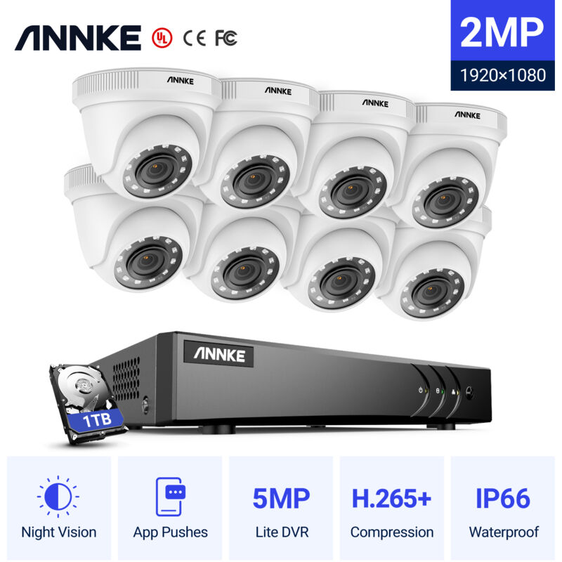 

Annke Kit cámara de vigilancia 8CH 5 en 1 DVR 5MP grabadora + 8 cámara domo HD 1080P exterior visión nocturna de 20m – con disco duro de 1 TB