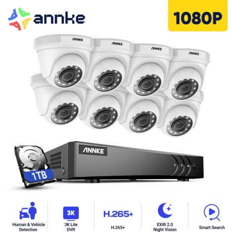 Annke Kit cámara de vigilancia 8CH 5 en 1 DVR 3MP grabadora + 8 cámara domo HD 1080P exterior visión nocturna de 20m – con disco duro de 2 TB