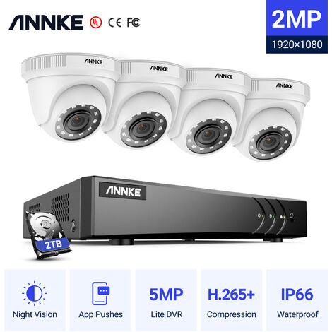 ANNKE Sistema cámara de seguridad de 8 canales HD 5MP Lite H.265 + con 4 × 1080P HD Cámaras CCTV impermeables para interiores / exteriores blanco - No contiene un disco duro