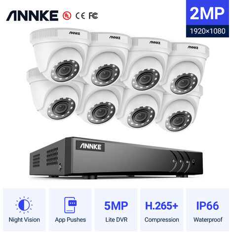 Annke Kit cámara de vigilancia 8CH 5 en 1 DVR 5MP grabadora + 8 cámara domo HD 1080P exterior visión nocturna de 20m – sin disco duro