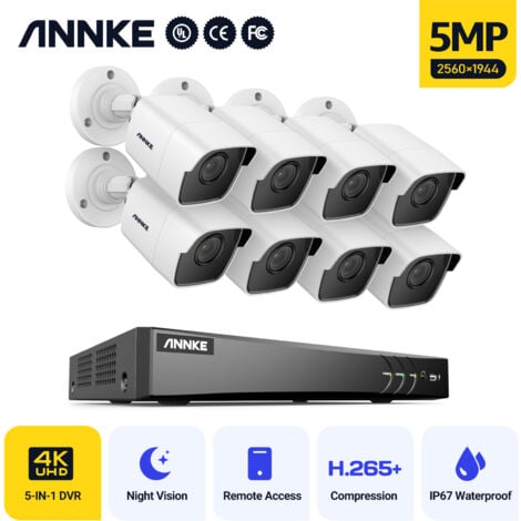 ANNKE Kit Cámara de Vigilancia Exteriores 5MP×8 Cámaras Visión Nocturna 24/7 Grabación Acceso Remoto Sistema de Cámara