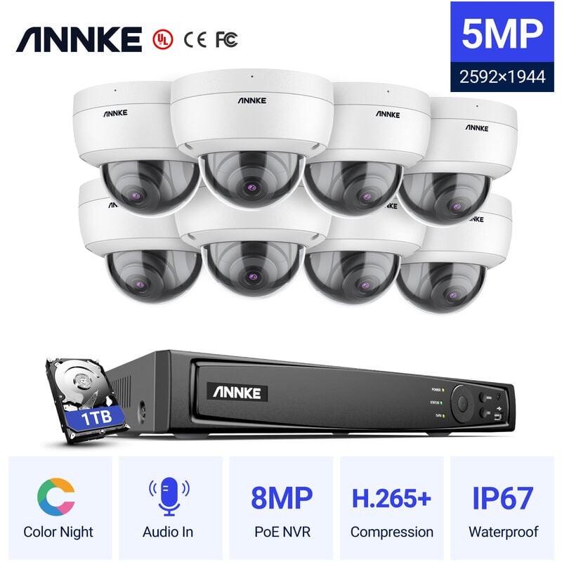 Kit caméra de surveillance 8CH 1080p nvr +8 caméras dome extérieur/intérieur vision nocturne 100ft – disque dur de 1 tb - Annke