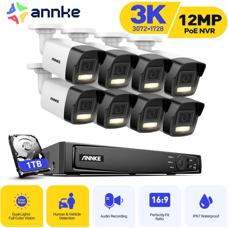 Kit Caméra de Surveillance Extérieur nvr avec 8 Caméras Smart Dual Light Vision Nocturne Détection de Mouvement Alarme E-Mail app/pc à Distance