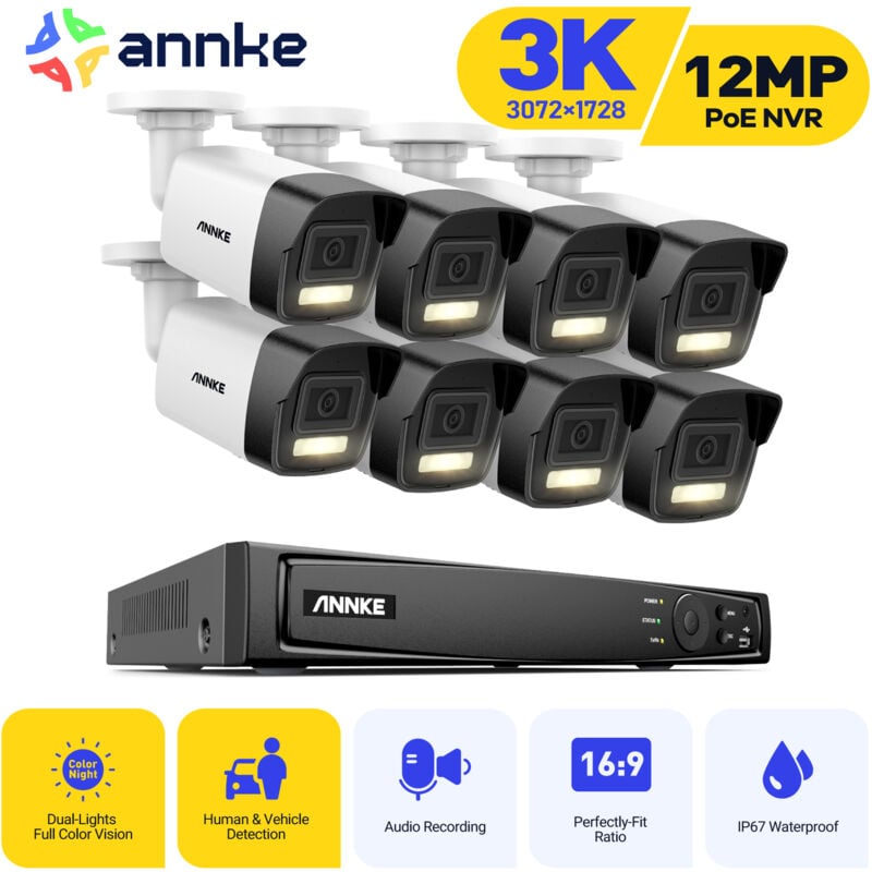 Kit Caméra de Surveillance Extérieur nvr avec 8 Caméras Smart Dual Light Vision Nocturne Détection de Mouvement Alarme E-Mail app/pc à Distance