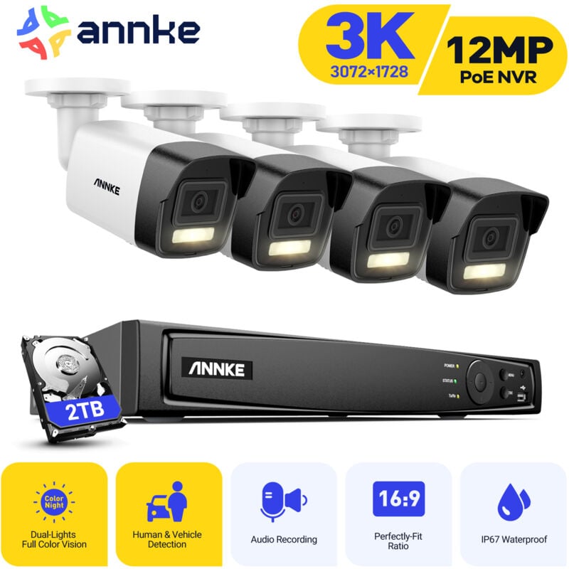Kit de Vidéosurveillance Extérieur 12MP H.265+ nvr avec 2TB et 4 Caméras 5MP de Vidéosurveillance Etanches Détection de Personne Alarme par E-Mail