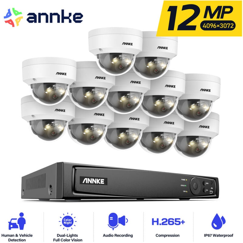 Kit de vidéosurveillance extérieure 12 mp, 12caméras extérieures couleur et vision nocturne ir, microphone intégré, détection de personnes/véhicules,